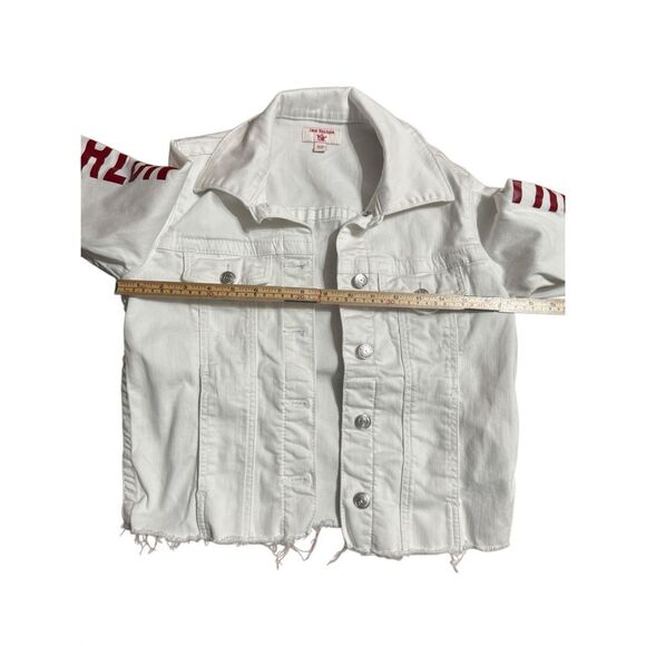 True Religion Fashion trucker with Red Logo on Sleeves Sz XS White Jean Jacket - Picture 5 of 11